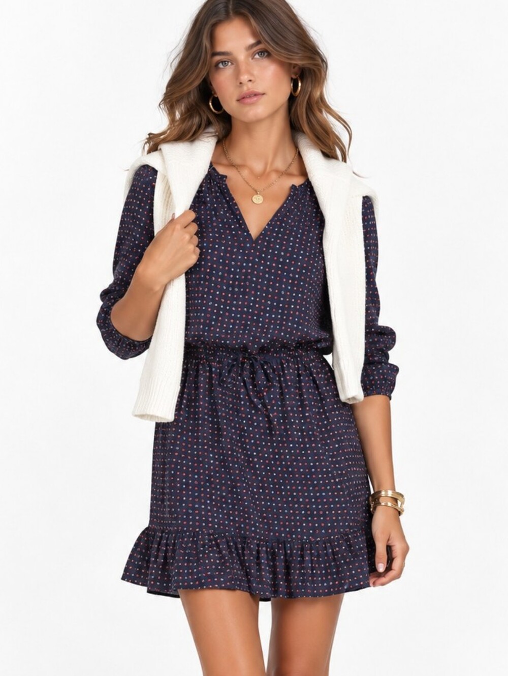 Draper James Casual Navy Red Dot Dress Ruffle Hemline Long Sleeve V-neck